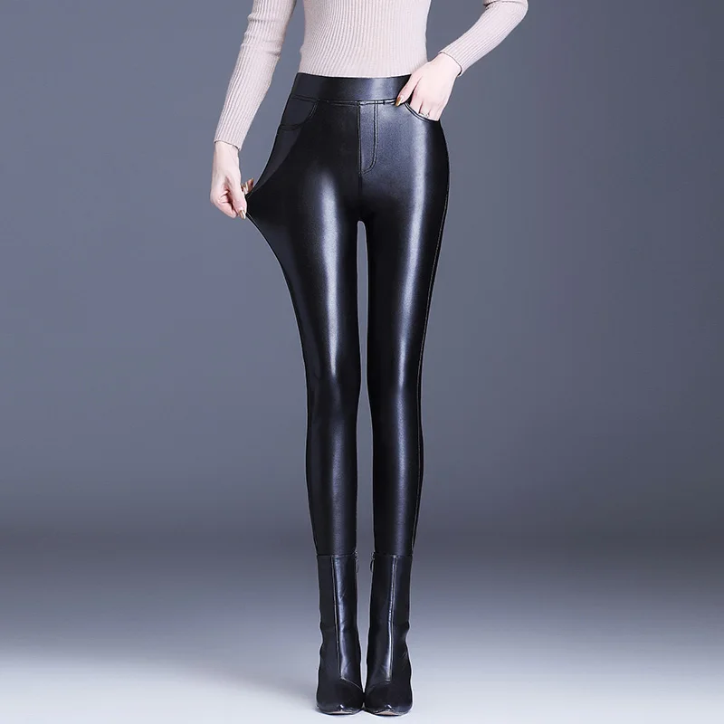 Autumn Women pu leather long pants ladies artificial leather Winter lady Leather Black Elasticity Pants Leggings elastic waist