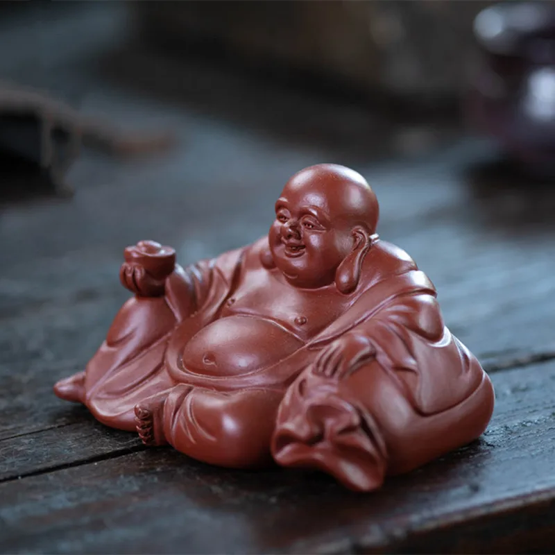 Chinese Yixing Purple Clay Tea Pet Lucky Maitreya Buddha Statue Sculpture Ornaments Handmade Tea Figurine Crafts Teaware Decors