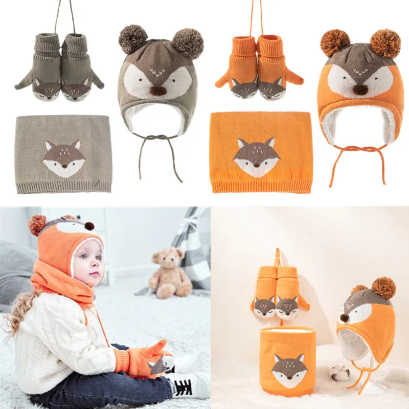 3 Pcs Winter Thicken Warm Baby Hat Gloves and Scarf Set Cartoon Fox Knitted Kids Children Beanie Cap Fleece Baby Bonnet Mitten