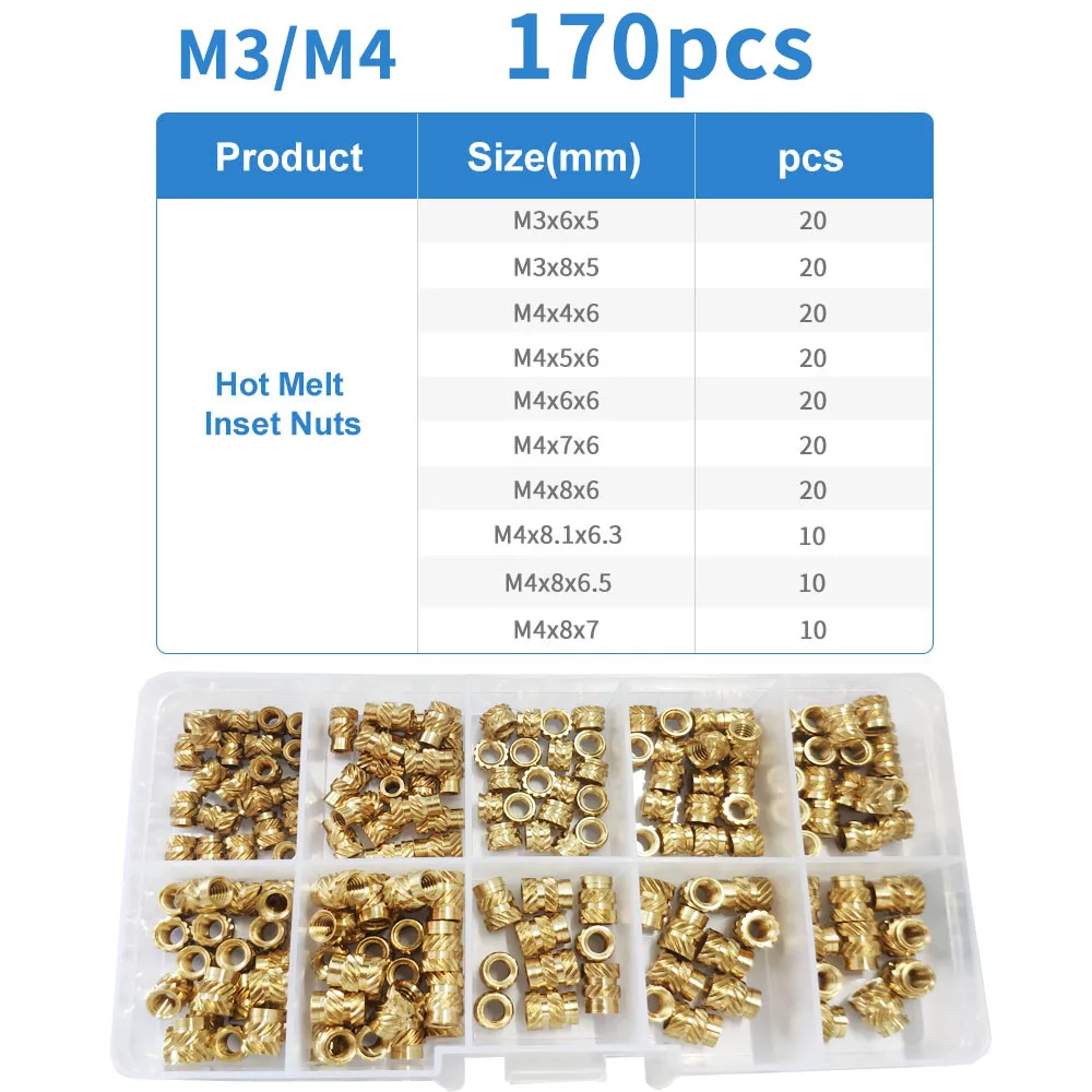 M2 M2.5 M3 M4 M5 M6 Brass Hot Melt Inset Nuts Assortment Kit Thread Copper Knurled Threaded Insert Embedment Nuts Set