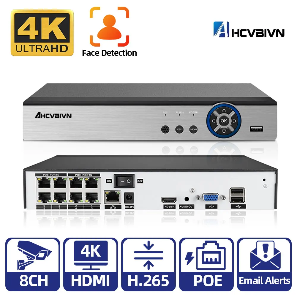 

8CH 4K 8MP POE NVR Video Recorder Onvif H.265 48V Audio Out PTZ IP Camera AI Face Detection CCTV System RTSP P2P Network Xmeye