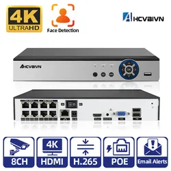 Gravador de vídeo POE NVR com detecção de rosto AI, 8CH, 4K, 8MP, Onvif, H.265, 48V, saída de áudio, câmera IP PTZ, sistema CCTV, RTSP, rede P2P, Xmeye