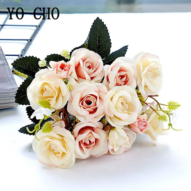 10 Heads 3 Buds Roses Artificial Flowers Wedding Bouquet 5 Branch Silk Fake Flowers Party Home Vase Table Decor Faux Rose Flores