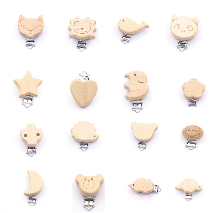 5Pcs/Sets Baby Pacifier Clips BPA Free Cute Modelling Beech Pacifier Clip Baby DIY Cartoon Animal Wooden Log Nipple Chain Holder