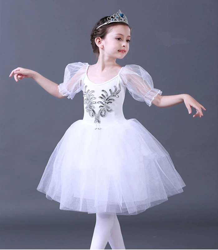 Vestido de balé com tutu infantil, vestido branco de tule longo, roupa de balé, lago dos cisnes, dançarino, roupa de dança