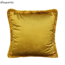 Luxurious Solid Gold Brown Light Green Shiny Soft Velvet Cushion Cover Fringe Pipping Decorative Sofa Pillow Case 45 x 45cm