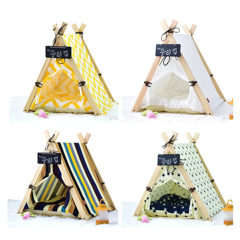 2021 New Canvas Warm Dog Nest Foldable Sleeping Lounger Mat Pet Cat Dog Teepee with Cushion & Blackboard, Portable Dog Tents Dec