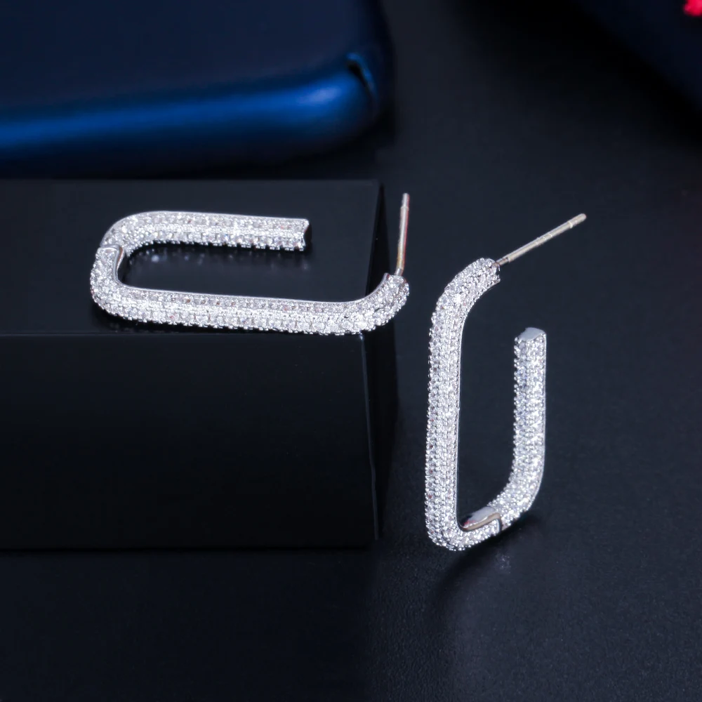 CWWZircons Shiny Pure White Cubic Zircon Micro Pave Geometric Rectangle Hoop Earrings for Women 2022 Trendy New Jewelry CZ858 image 5