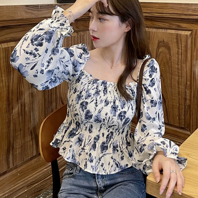 Blouses Women Students Summer Female Cropped Slim High Street Hot Sale Square Collar Colorful 2021 New Elegant Vintage All-match