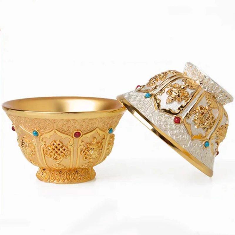 

Gilt Buddha Bowl Inlaid Gem, Handicraft Alloy Tibetan Holy Water Cup Tantric Buddhist Bowl, Home's Gift Collection Decorative,