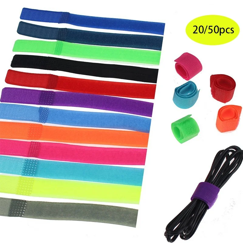 20/50 Pcs Velcros Self Adhesive Colorful Fastening Cable Ties, Reusable Cable Straps Wire Organizer, Hook Loop, 7.1 Inch