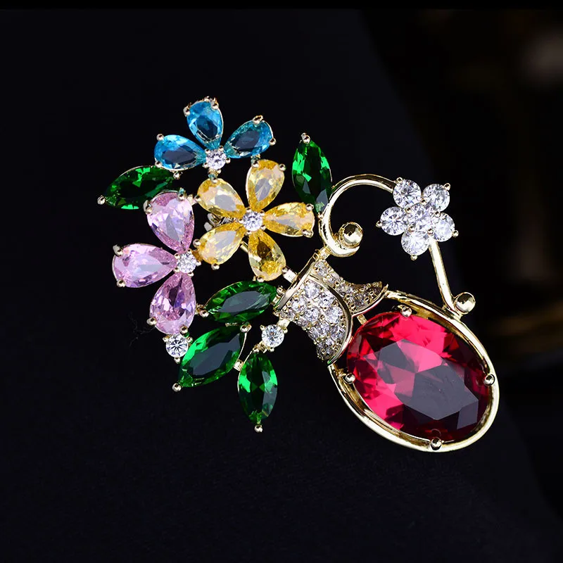 OKILY Elegant Winter Hat Scarf Brooches Pin Women's Xmas Jewelry Colorful CZ Flower Vase Broochpin Christmas Bouquet Accessories