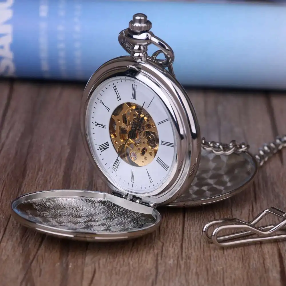 10PCS/Lot Fashion Silver Smooth Steel Steampunk Mechanical Pocket Watch Men Women Necklace Pendant Fob Watch