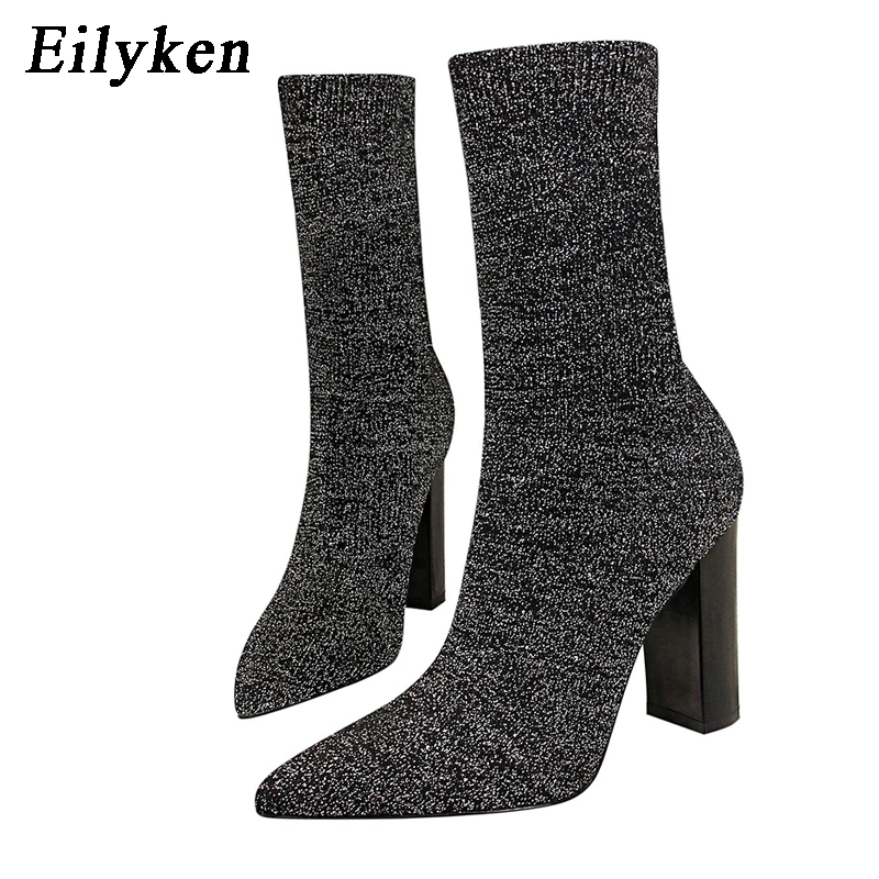 Eilyken Autumn Winter Comfort Stretch Sock Women Ankle Boots Fashion Square High Heel Pointed Toe Banquet Female Shoes