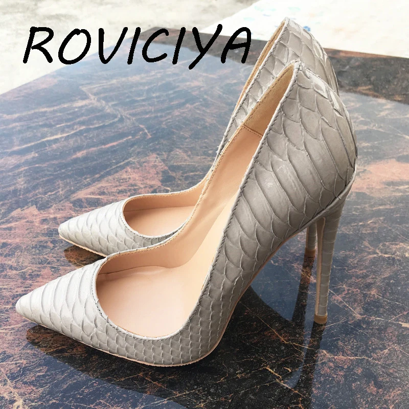 Snake printing gray stilettos high heels 12cm 10cm 8cm pointed toe women pumps extreme party wedding shoes QP063 ROVICIYA