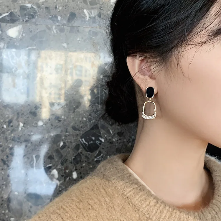 S925 Silver Needle Korean Black Geometric Square New Temperament High Sense Atmospheric Earrings Jewelry Women's Wedding Gift