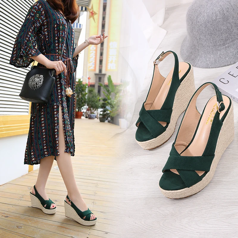 31-44 Women\'s Shoes Sandals 10cm High Heel Straw Wedges Heel Sandals Woman Platform Green Sandals