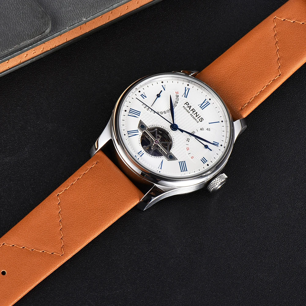 New Arrival 43mm Parnis White Dial Date Power Reserve ST 2505 Automatic Men Watches Brown Leather Strap Top Luxury Brand 2021