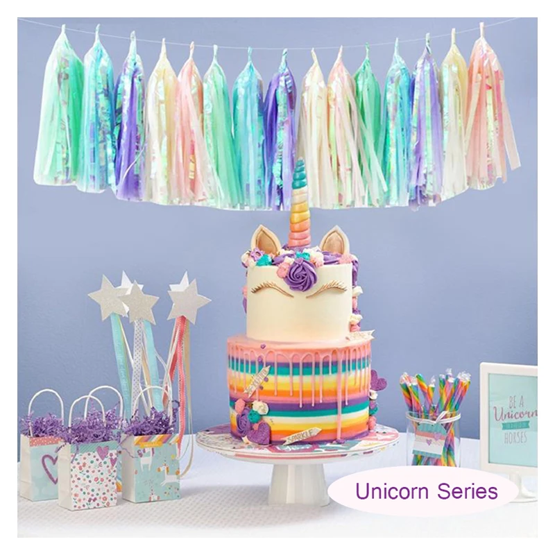 Unicorn Party Garland Rainbow Iridescent Tassel Garlands Paper Flower Wedding Decoration Birthday Baby Shower Party Decorations