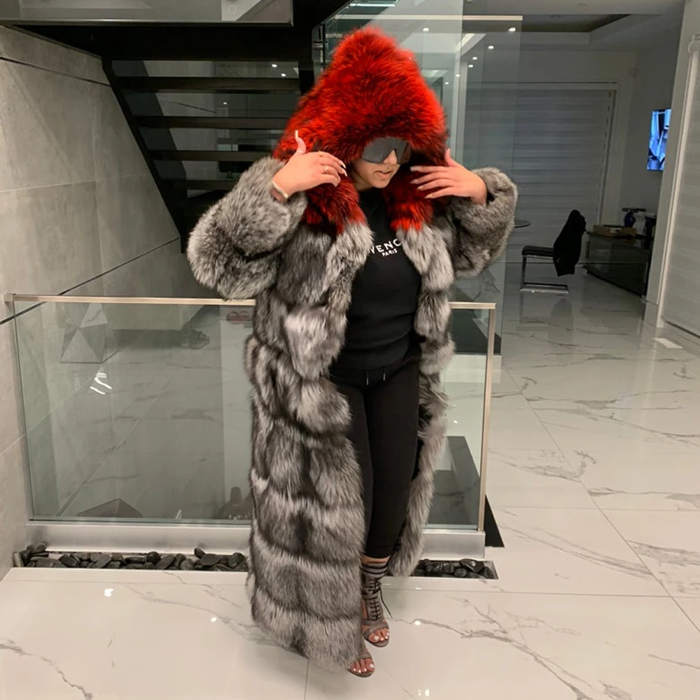 Fashion Long Real Silver Fox Fur Coat for Women Winter New Whole Skin Genuine Fox Fur Coats with Hood Thick Warm Fur Overcoats
