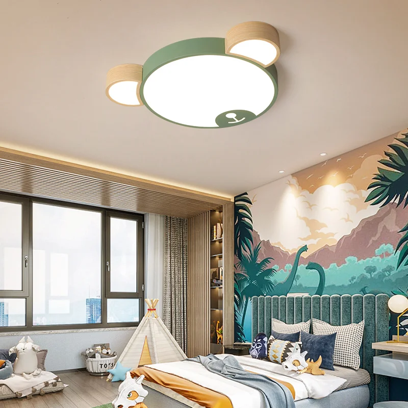 Lámpara de techo con forma de oso para dormitorio de niños, luz Led creativa y moderna, de madera verde/gris, para habitación