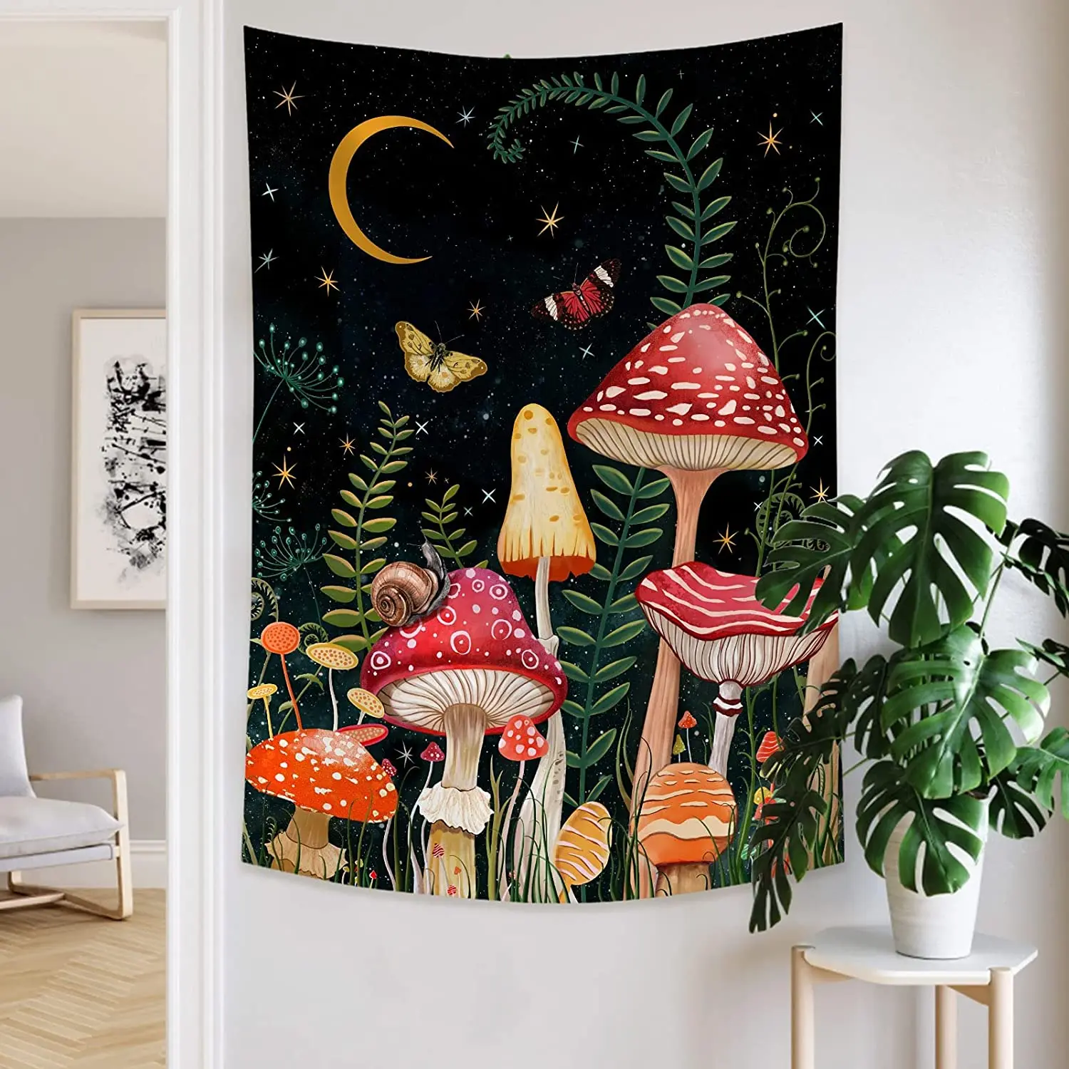 Mushroom Moon Star Tapestry Bohemian Floral Plants Upright Aesthetic Wall Hanging Tapestries for Bedroom Black Carpet Boho Decor