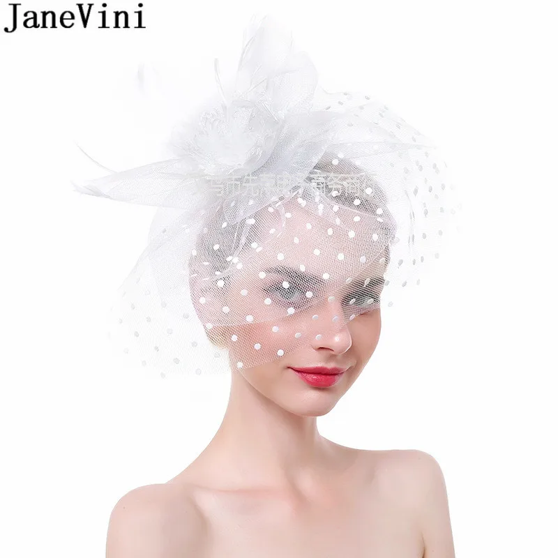 JaneVini Wedding Haarschmuck White Fascinator Feather Flower Bridal Hat with Veil Short 2021 Blue Wedding Hats for Women Elegant