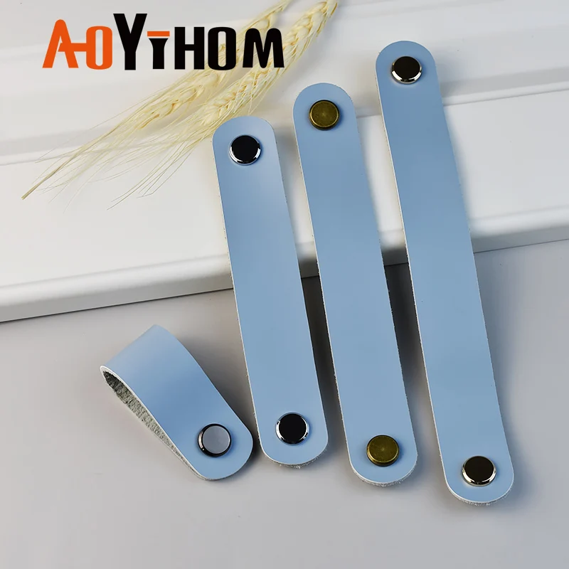 AOYIHOM Kitchen Cabinet Storage Pull Light Blue Leather Furniture Handle Used for Indoor Living Room Drawer Wardrobe Door Knob