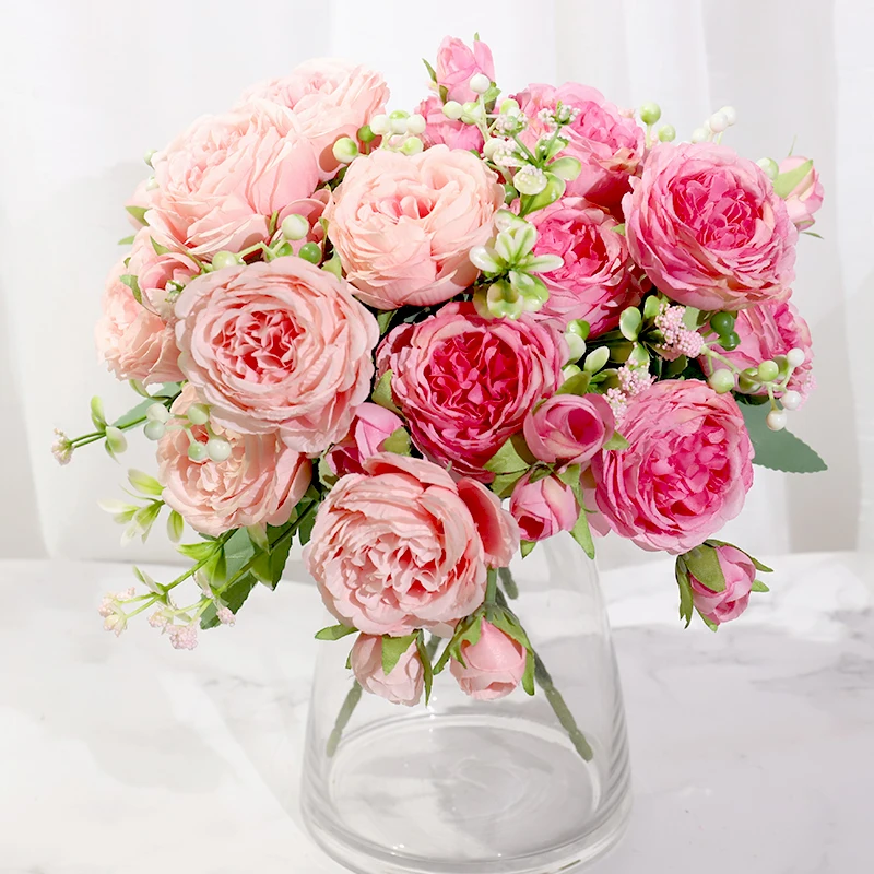 Pink Silk Peony Artificial Flowers Rose Wedding Home DIY Decor High Quality Big Bouquet Foam Accessories Craft White Fake Flower