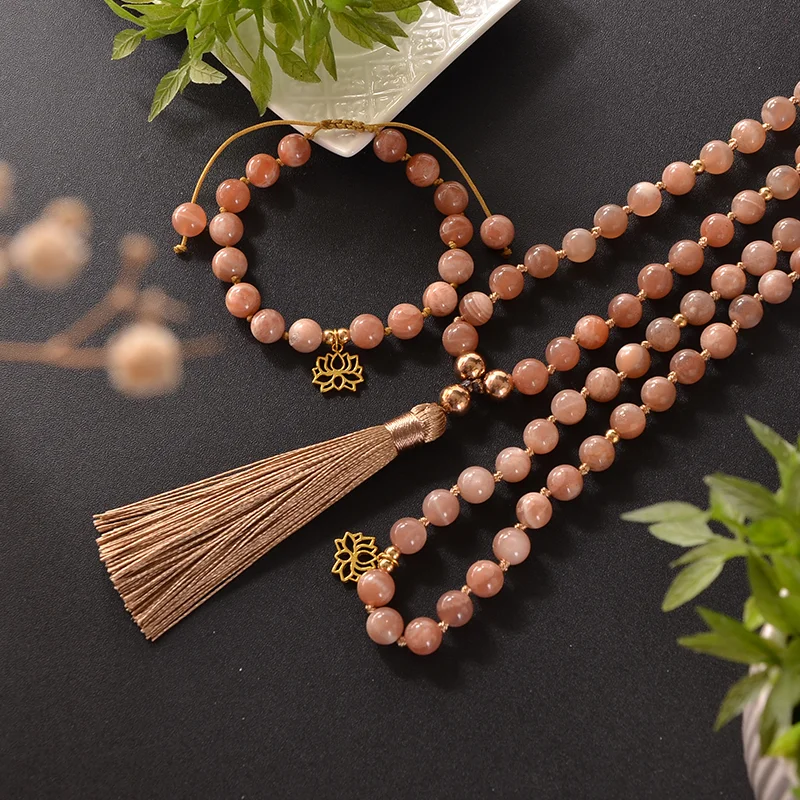 8mm Natural Sunstone Beads Knotted 108 Japamala Necklace Meditation Yoga Blessing Tibetan Rosary Jewelry Bracelet Set with Lotus