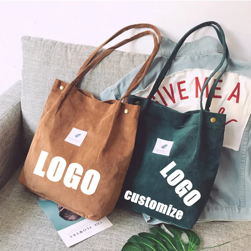 Customized personality logo pattern  name advertising ladies corduroy shoulder bag casual reusable luxury shopping bag