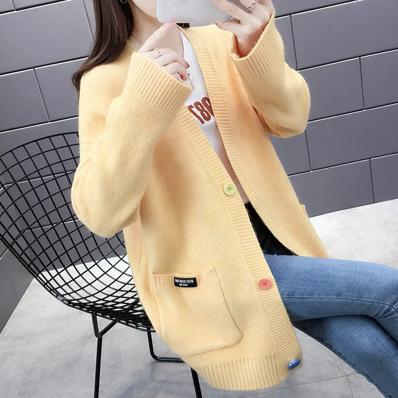 

H9584 Women Sweater Ladies Autumn Winter Long Loose V-neck Cardigans Student Casual Warm Soild Color Middle Long Knitted Top