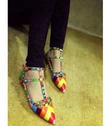 Rainbow Ankle Strap Studded Colorful Slip On Rivets Flats Strappy Buckle Walking Soft Women Shoes Color Mixing Travel Size 35-43