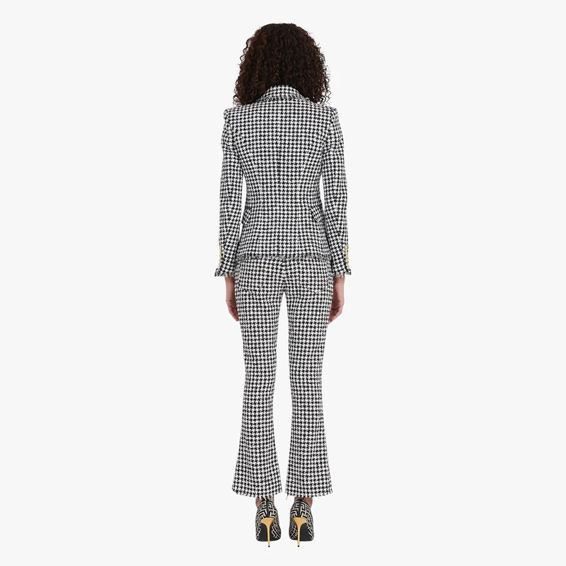 S-XXL High Quality New Fashion Classic Houndstooth Lapel Slim Long Sleeve Fringe Edge Gold Button Women's Blazer