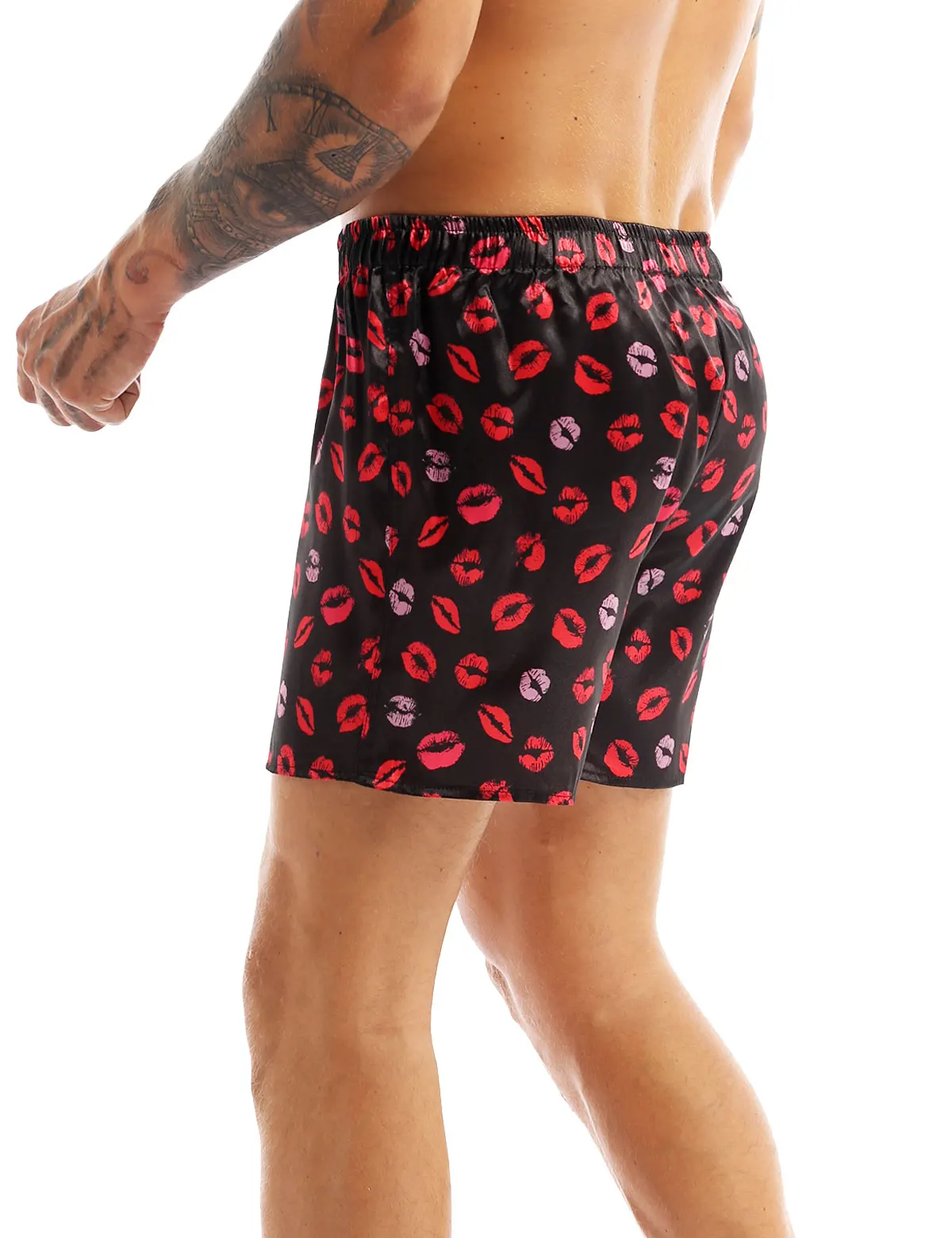 Calção de boxer masculina de seda cetim, calção solta com estampa de coração ou lábio para o verão, pijama esportivo