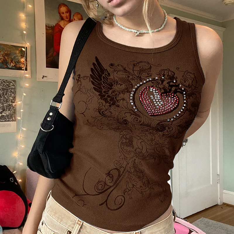 Y2k Fairy Grunge Love Wings Rhinestone Graphic Tank Tops Fairy Grunge 90's Aesthetic Clothes Black Ribbed Sleeveless T-Shirts