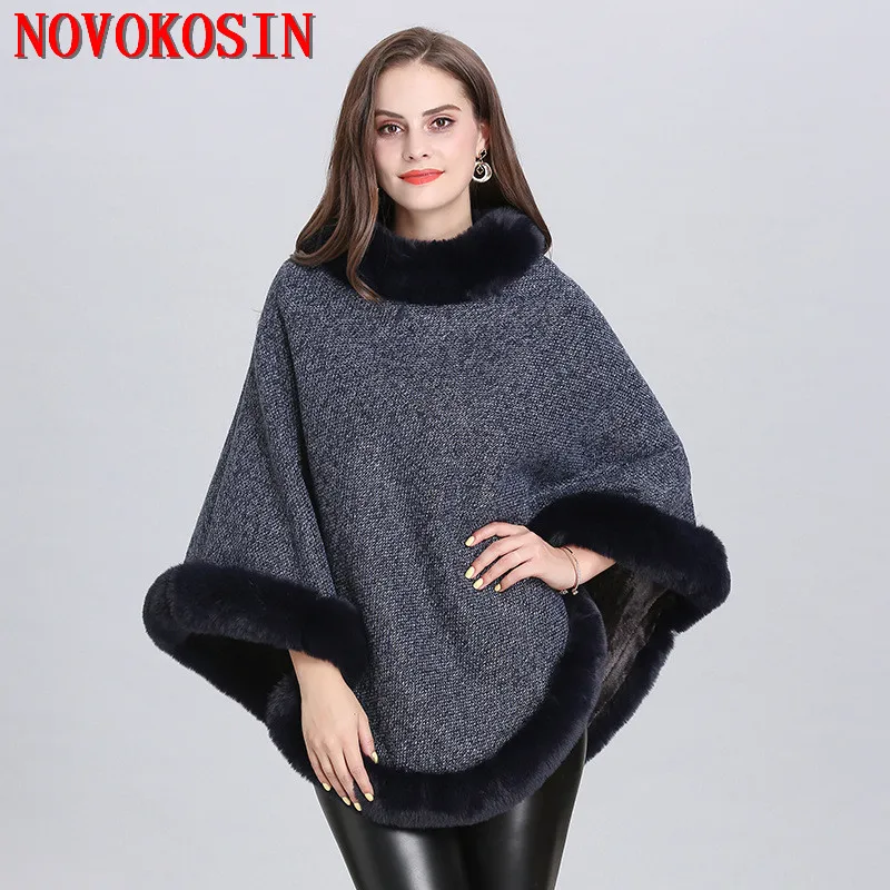 10 Colors Winter Velvet Warm Knitted O Neck Faux Fox Fur Poncho Shawl Women Capes Knitwear Plus Size Pullover Outstreet Overcoat