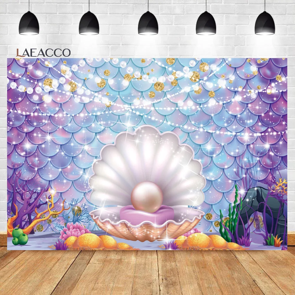 Laeacco Công Chúa Nàng Tiên Cá Sinh Nhật Hình BackgroundSeabed San Hô Lâu Đài Bong Bóng Cho Bé Gái Tùy Chỉnh Nhiếp Ảnh Backdrop