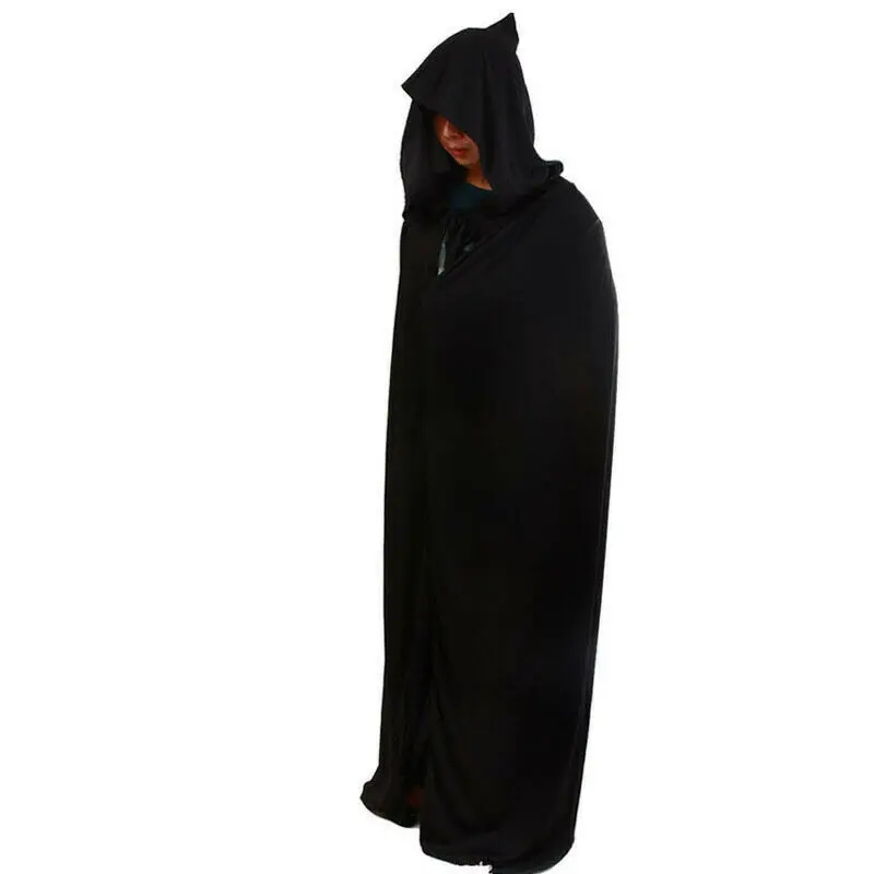 Jubah Bertudung Longgar Halloween Jubah Panjang Uniseks Pria Wanita Dewasa Gaun Kostum Hitam Hadiah Mantel