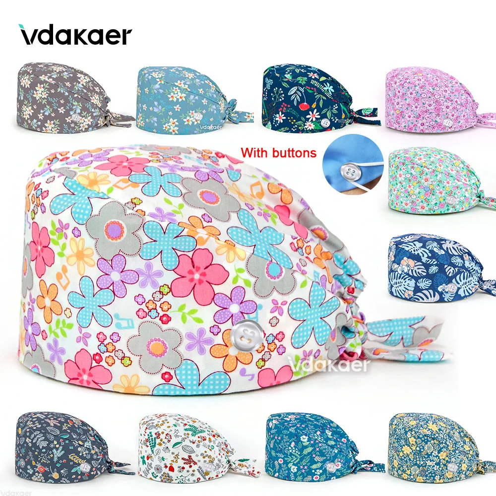 Gorros quirúrgicos con estampado de Hospital para mujeres y hombres, gorro de algodón ajustable con botón, belleza, trabajo de enfermera