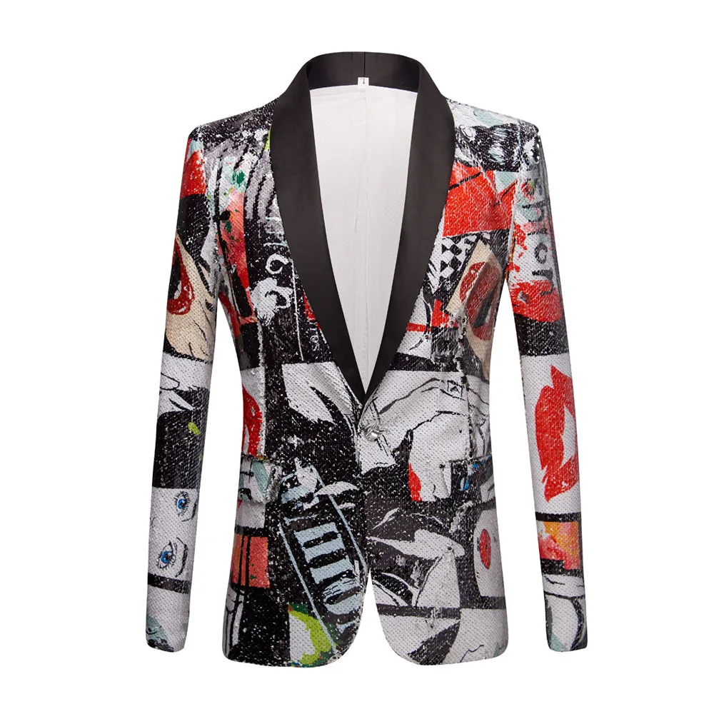 

Graffiti Sequins Personality Blazer Men's Bar Nightclub DJ Singer Stage Master Shiny Suit Jacket Performance Clothes Plus Size