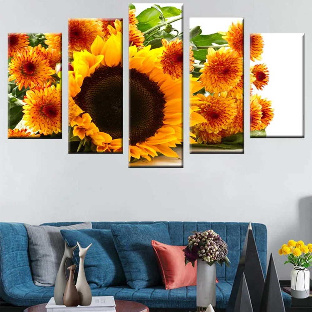 

Wall Art Canvas Painting Picture 5 Pieces Yellow Sunflower Landscape HD Print Modern Home Decoration Poster Living Room Frame