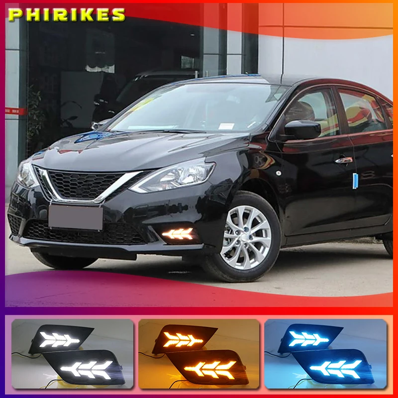 LED DRL daytime running light for Nissan Sylphy sentra 2016-2018 yellow turn signal, blue night light, wireless switch