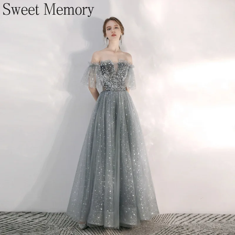 

J1145 Long Silver Gray Evening Dresses Celebrity Sequined Graduation Robes Soiree Dinner Wedding Party Dress Women