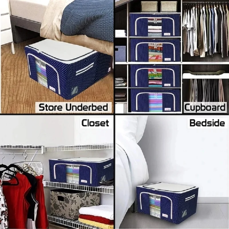 Oxford Fabric Clothing Storage Box with Steel Frame Folding Bag Clear Window Zipper for Clothes Bed Sheets Blanket with Handles