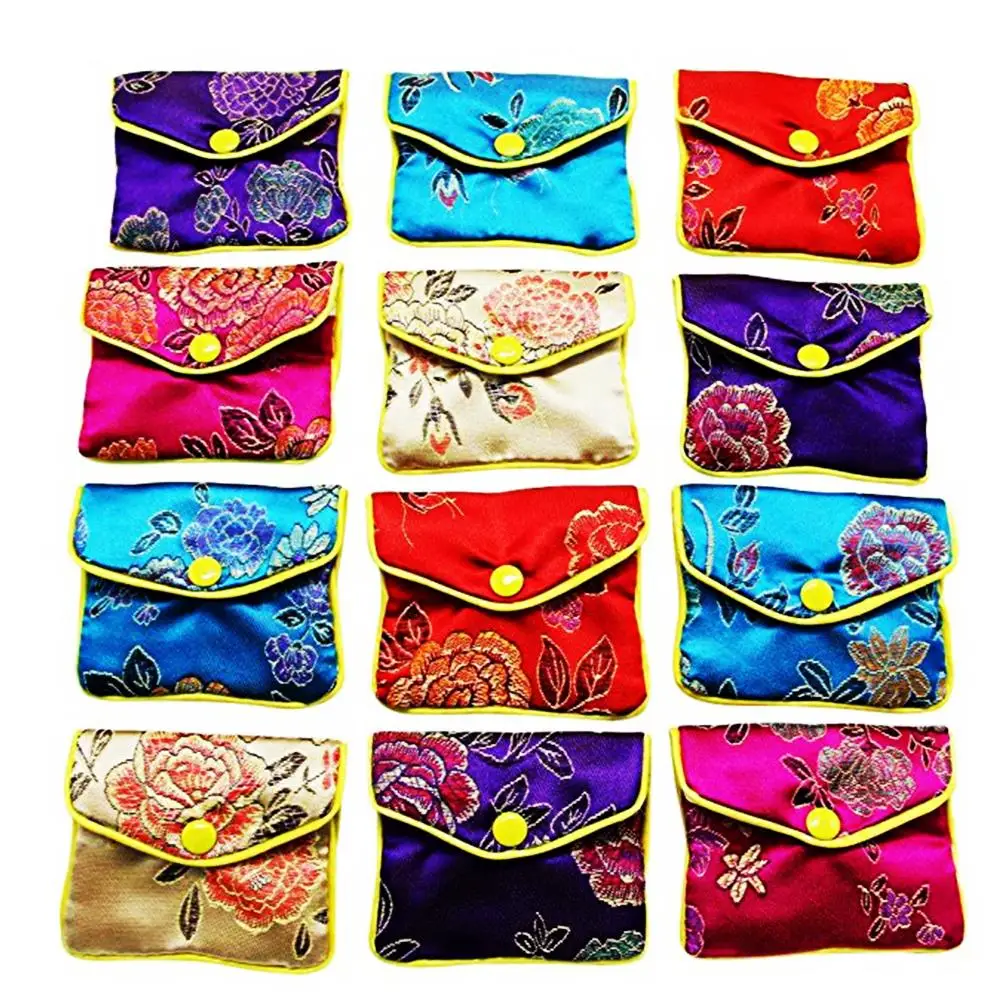 12 Pcs Jewelry Silk Storage Bag Chinese Brocade Embroidered Coin Organizers Pocket Gift Bags Small Jewelry Snap Case Coin Purse