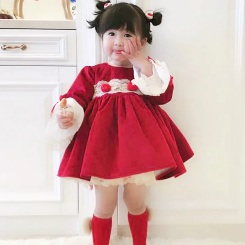 Winter New Spanish Children Dress New Year Princess Dress Gifts Girls Christmas Red Velvet Dress Quality Christmas Dress Girl