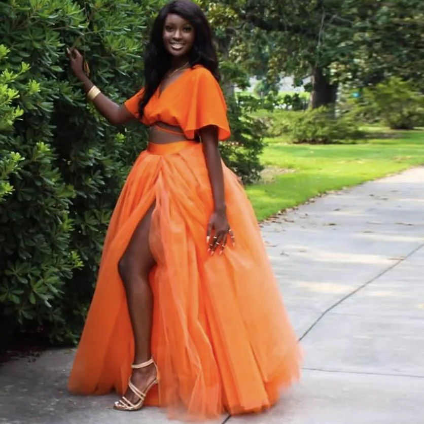 African Orange High Side Split Women Tulle Skirts To Birthday Wedding Sexy Long A-line Female Tulle Skirt Zipper High Waistband