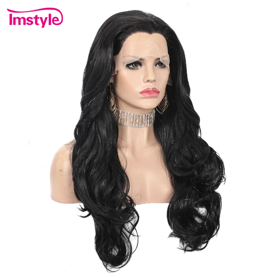 Imstyle Tinsel Wigs Black Brown Synthetic Lace Front Wig Long Natural Wavy Wigs For Women Party Glitter Wig