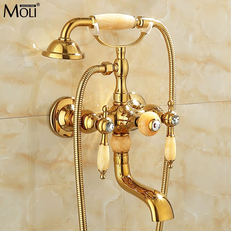 Wall Mounted Gold Bath Shower Faucet Bathtub Faucet With Hand Shower Jade Handle Dual Handle Hot and Cold Water Mixer ML3321